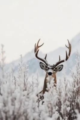 Verticale wildlife-fotografie van een hert in een sneeuwbedekt winterbos met bevroren bomen