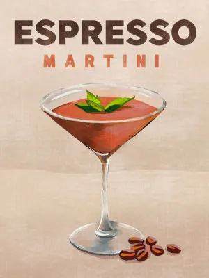 Illustratie van een espresso martini in een outdoor cocktailbar, met diverse klassieke cocktails en stijlvol glaswerk