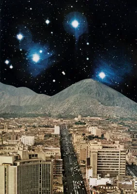 Verticale blauwe sci-fi illustratie van een surrealistische stedelijke ruimte met planeten en sterren