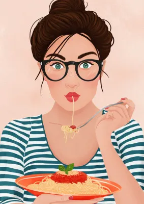 Verticale illustratie van een vrouw die met een vork spaghetti en verse tomaten eet, roze achtergrond
