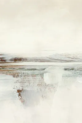 Abstracte verticale illustratie van zonsondergang met minimalistische penseelstreken en kustlandschap