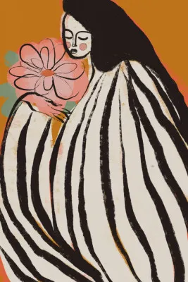 Verticale kleurrijke illustratie van vrouw in gestreepte jurk met bloemen in roze en oranje tinten