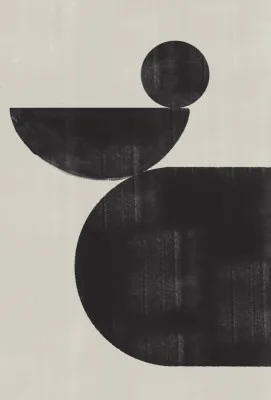 Verticale illustratie van geometrische vormen met cirkels en ringen in zwart-wit en beige achtergrond