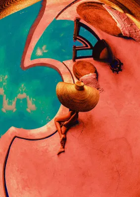 Verticale illustratie van een surrealistische zwembadscène met rode en roze kleuren, mensen en creatieve elementen