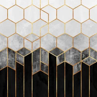 Abstracte illustratie van hexagonale vormen in houtskool zwart, grijs en goud in vierkante compositie