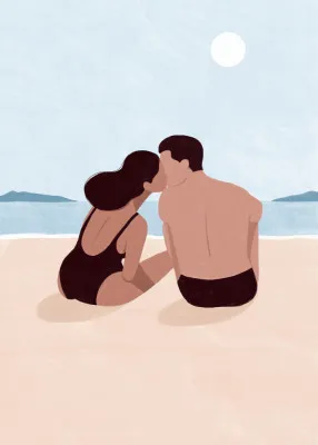 Verticaal kunstwerk 'first kiss' met een romantisch paar op het strand in blauwe en beige tinten