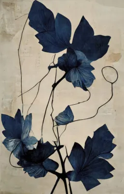 Verticale illustratie van een indigo bloem met blauwe bladeren en grafische florale motieven