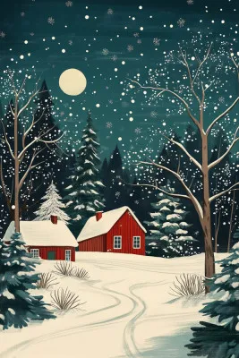 Illustratie van rode huizen op het platteland onder een sneeuwrijke nachtelijke hemel met maanlicht en een kale boom