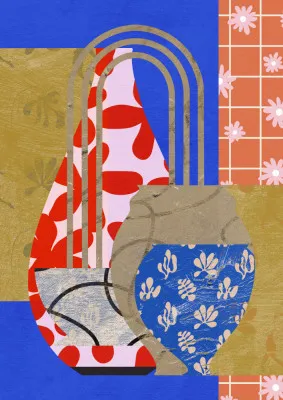 Verticale illustratie van een buitenlands tafereel met diverse kleuren in een lichte ruimte