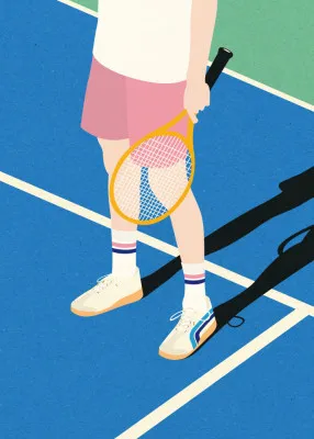 Illustratie van tenniswedstrijd met spelers op een zonnig outdoor tennis court, dynamische sportactie