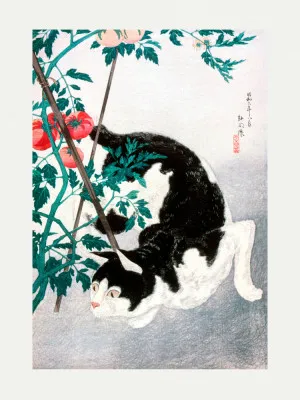 Verticale Japanse vintage illustratie van een kat naast een tomatenplant, rustige buitenomgeving met traditionele stijl