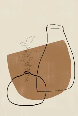 Abstracte verticale lijntekening van vazen en planten in bruine en beige tinten