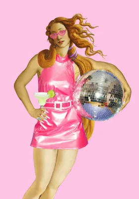 Verticale roze disco retro digitale illustratie met pop art vrouw, spiegelbol en cocktailglas