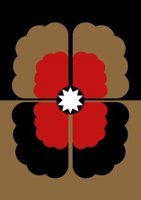 Verticale illustratie van een rode en gouden pansy bloem in abstract retro stijl