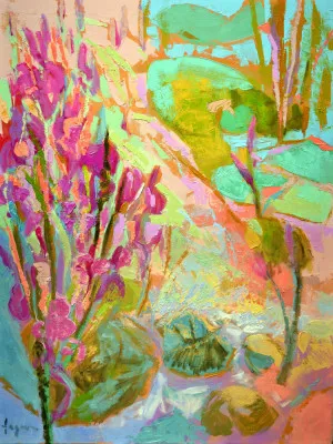 Abstracte verticale illustratie van een lente tuin met roze en groene penseelstreken op canvas