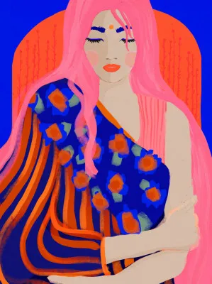 Verticale digitale illustratie van een vrouwelijk portret met levendige kleuren blauw, roze en oranje in een abstracte outdoor setting