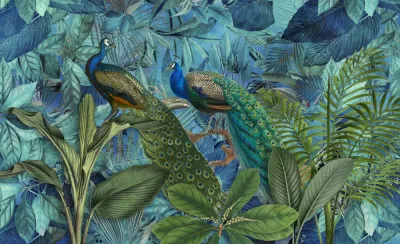Horizontale illustratie van tropische jungle met pauwen en groene bladeren