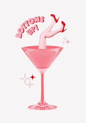 Verticale illustratie van speelse dames met martini glazen en hoge hakken in roze en rood, vintage bar setting