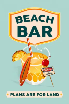 Illustratie van een outdoor beach bar met tropische cocktails in blauwe en oranje tinten