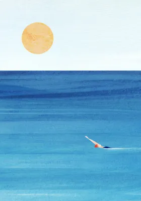 Illustratie verticale zeescène met zwemmers in kalm blauw water onder maanlicht