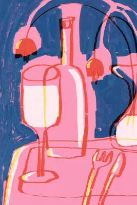 Abstract stilleven illustratie in blauw en roze met flessen, vazen en bloemen in een outdoor scène