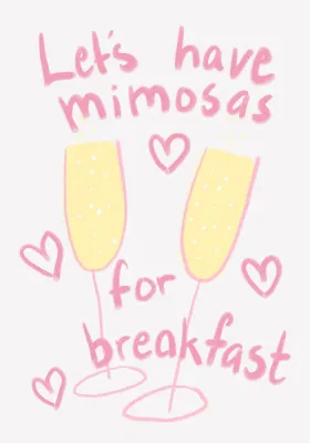 Verticale illustratie van een glas roze mimosa’s in moderne keuken met speelse letters en lichte achtergrond