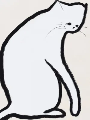 verticale minimalistische illustratie van een witte kat met zwarte lijnen op beige achtergrond