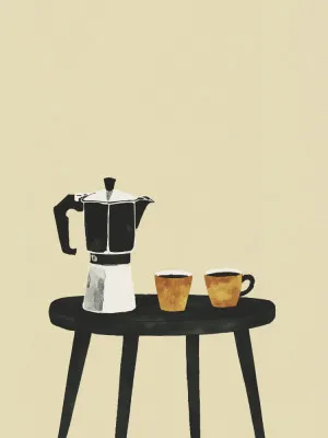 Illustratie van een koffietafel buiten met verschillende kopjes koffie en ochtendlicht