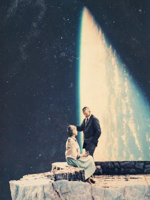 Verticale illustratie van een koppel in een blauw retrofuturistisch universum landschap