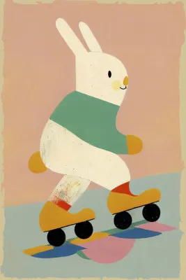 Illustratie van een konijn op rolschaatsen in zachte pastelkleuren, vintage stijl kinderkamer kunst