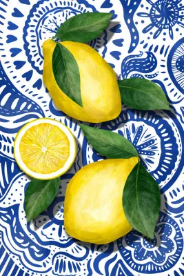 Verticale illustratie van limonen en citrusvruchten met blauwgele mediterrane kleuren en natuurlijke details