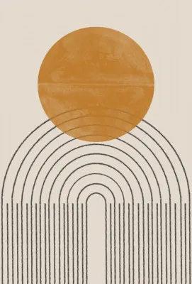 Verticale abstracte illustratie met oranje en gele zonnestralen, geometrische bogen op beige achtergrond