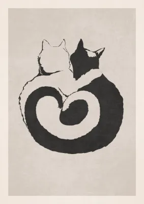 Verticale zwart-wit illustratie van twee katten in yin-yang vorm, minimalistische kattensilhouetten