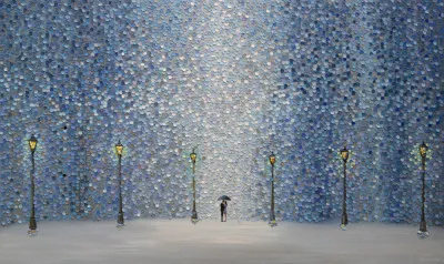 Horzontale illustratie van een koppel dat kust onder een paraplu in de regen bij straatverlichting