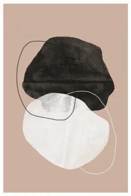 Verticale illustratie met aardetinten, geometrische cirkels en abstracte vormen in een neutraal kleurenpalet