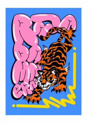 Verticale illustratie van een kleurrijke Muay Thai tijger in urban graffiti stijl met blauw, roze en geel
