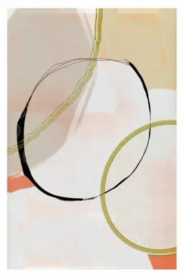 Abstracte verticale illustratie met gouden en zwarte cirkels in een buitenruimte