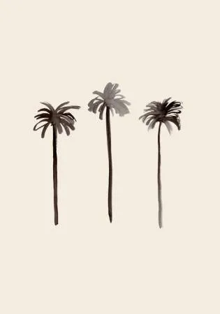 Verticale inktillustratie van palm bomen in een minimalistisch tropisch landschap