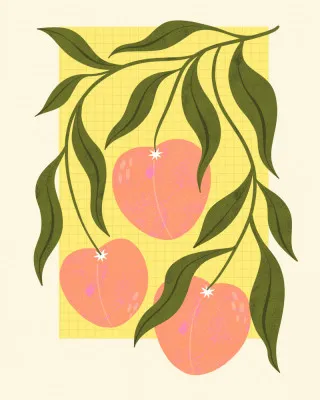 Verticale illustratie van perziken in roze en gele tinten met bladeren, botanisch en fris ontwerp