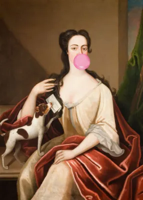 Renaissance Bubble Gum Portrait and Dog / Altered Art