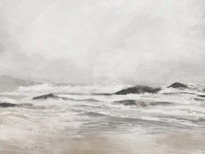 horizontale illustratie van kustlandschap met golven, wolken en beige natuurkleuren