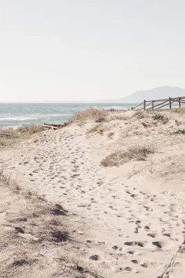 Verticale fotografie van een rustig strandlandschap met zand, water en ochtendlicht