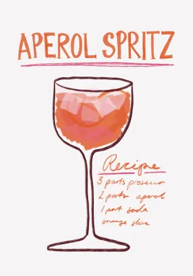 Verticale illustratie van aperol spritz recept in rood, roze en oranje met outdoor sfeer