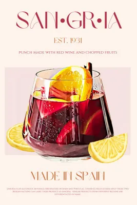 Vintage illustratie van glas rode wijn gevuld met fruitcocktail en citroen in zachte roze tint, verticale poster