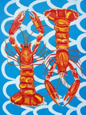 Verticale illustratie van langoustines op een diepblauwe achtergrond met een patroon van kleurige schaaldieren