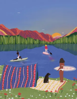 Verticale illustratie van paddle boarding in een kleurrijke buitenomgeving met kinderlijke tekenstijl