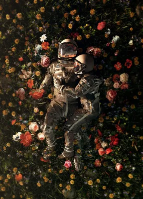 Verticale surrealistische illustratie met astronaut en bloemen onder een sterrenhemel