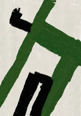 Verticale abstracte illustratie met groene en zwarte penseelstreken en geometrische vormen op canvas