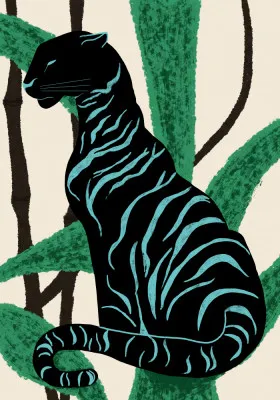 Verticale illustratie van zwarte panter silhouet in jungle met groene en blauwe tinten