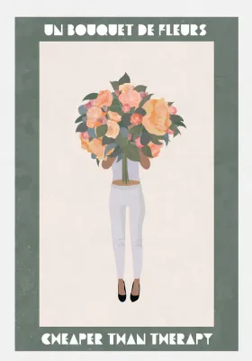 Illustratie van een vrouw met bloemenboeket in een groene buitenomgeving, botanische en typografische elementen gecombineerd